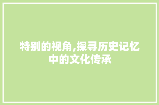 特别的视角,探寻历史记忆中的文化传承