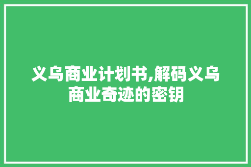 义乌商业计划书,解码义乌商业奇迹的密钥