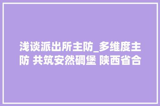 浅谈派出所主防_多维度主防 共筑安然碉堡 陕西省合阳县公安局黑池派出所工作纪实