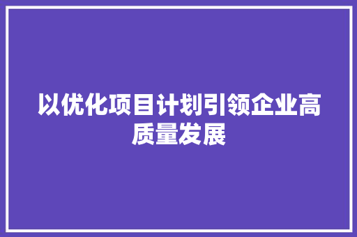 以优化项目计划引领企业高质量发展