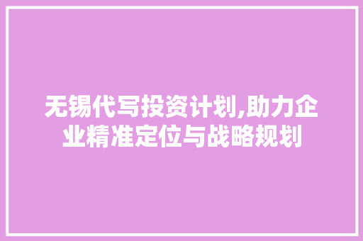 无锡代写投资计划,助力企业精准定位与战略规划